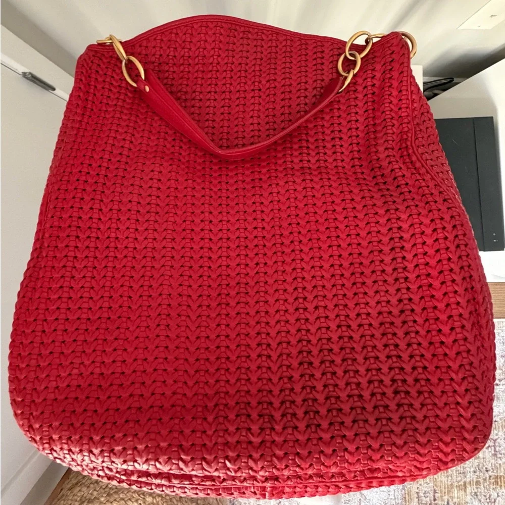Christian Dior Avenue Woven Leather Tote Red with Gold Tone Hardware
